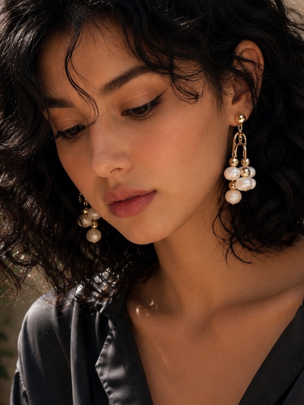 Anthropologie Gold and Pearl Cluster Drop Earrings